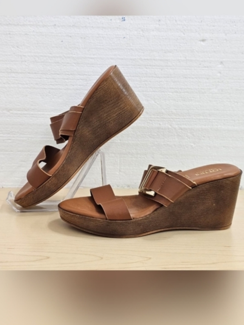Lottini Italy Brown Leather Double Strap Wedge Heels Slides Sandals, 9